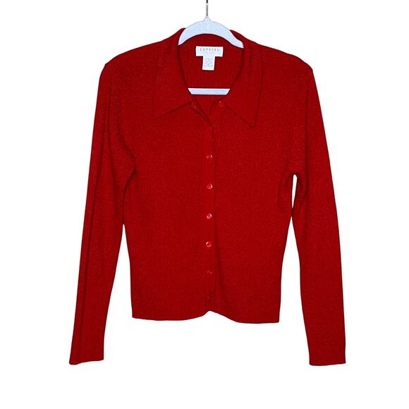 Vintage Red Express Tricot Ribbed, Collared, Button Front Cardigan, Sz M - Picture 2 of 4